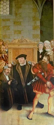 Tríptico, painel esquerdo, Philipp Melanchthon faz um batismo assistido por Martin Luther; painel central, a Última Ceia com Lutero entre os Apóstolos; painel da direita, Lutero faz sua confissão; Lutero